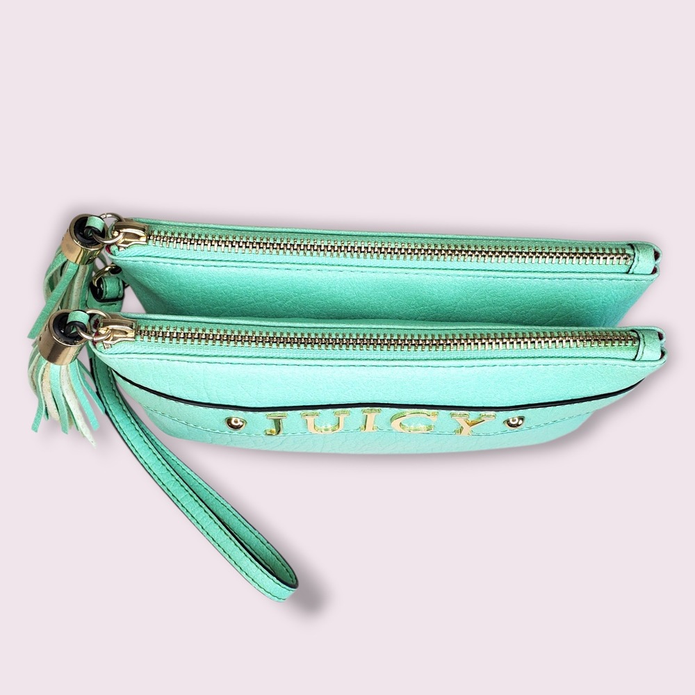 Juicy Couture Mint Green Double Zip Wristlet Pouch Tassel Clutch Gold Logo Crown - Picture 5 of 7